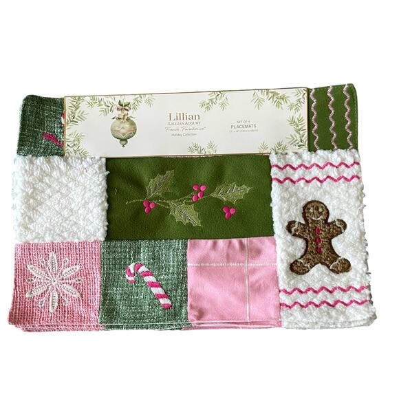 Lillian August Holiday Quilted Placemats 13x19 Set of 4 Gingerbread Candy Cane - Picture 1 of 15